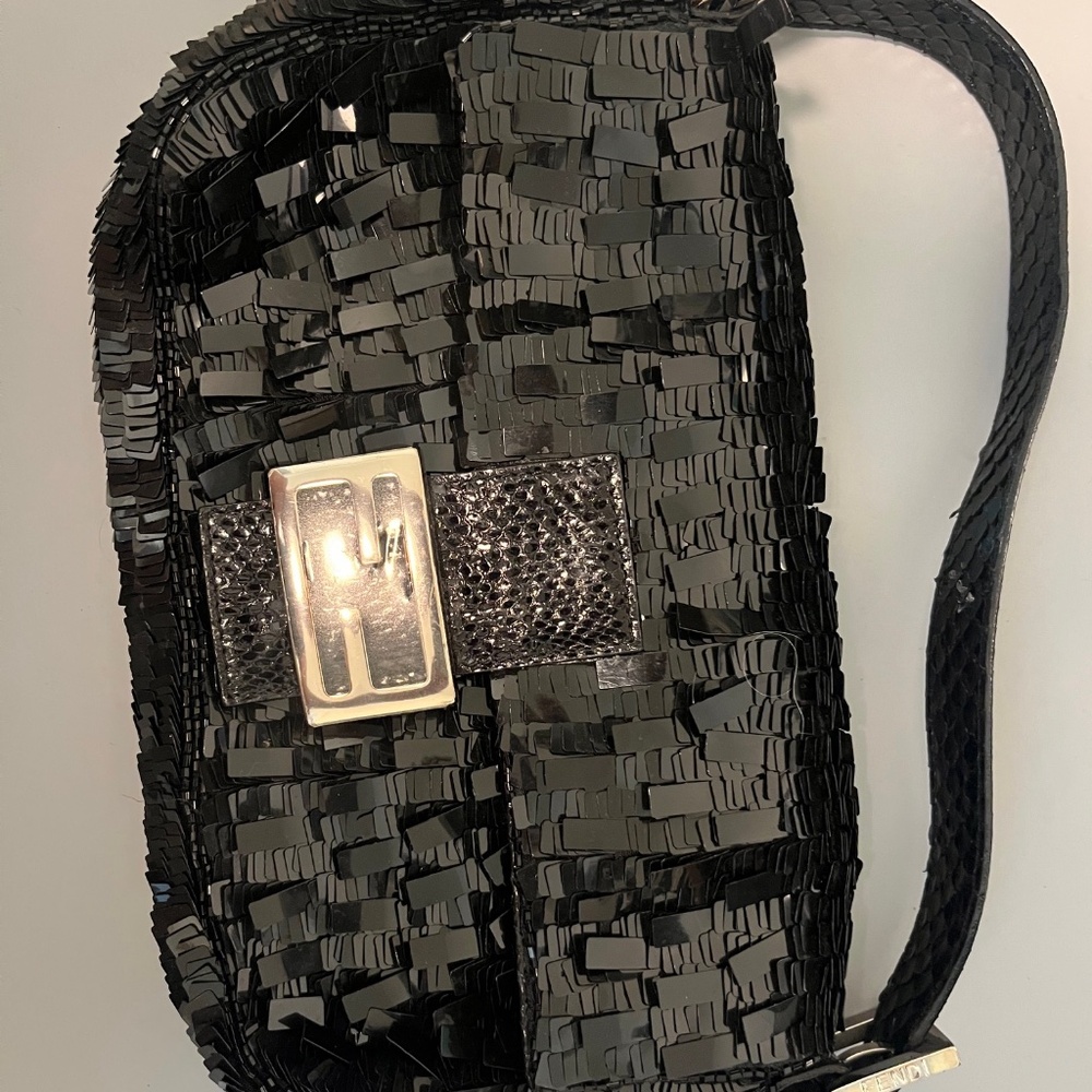 FENDI black sequin baguette w/snakeskin strap